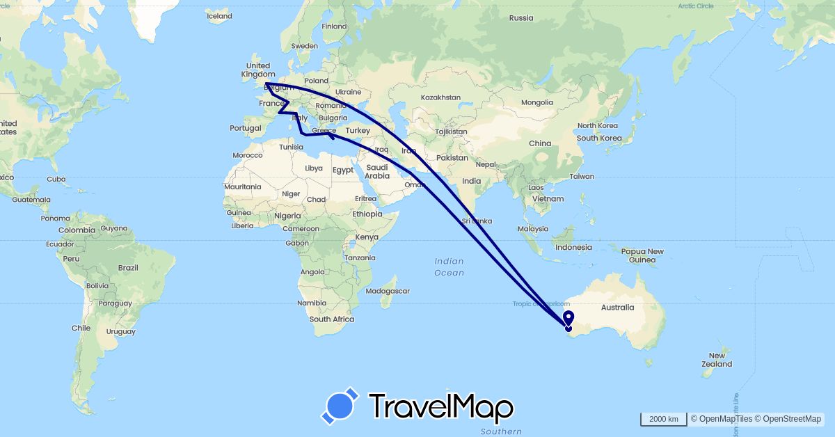 TravelMap itinerary: driving in United Arab Emirates, Australia, Switzerland, France, United Kingdom, Greece, Italy (Asia, Europe, Oceania)