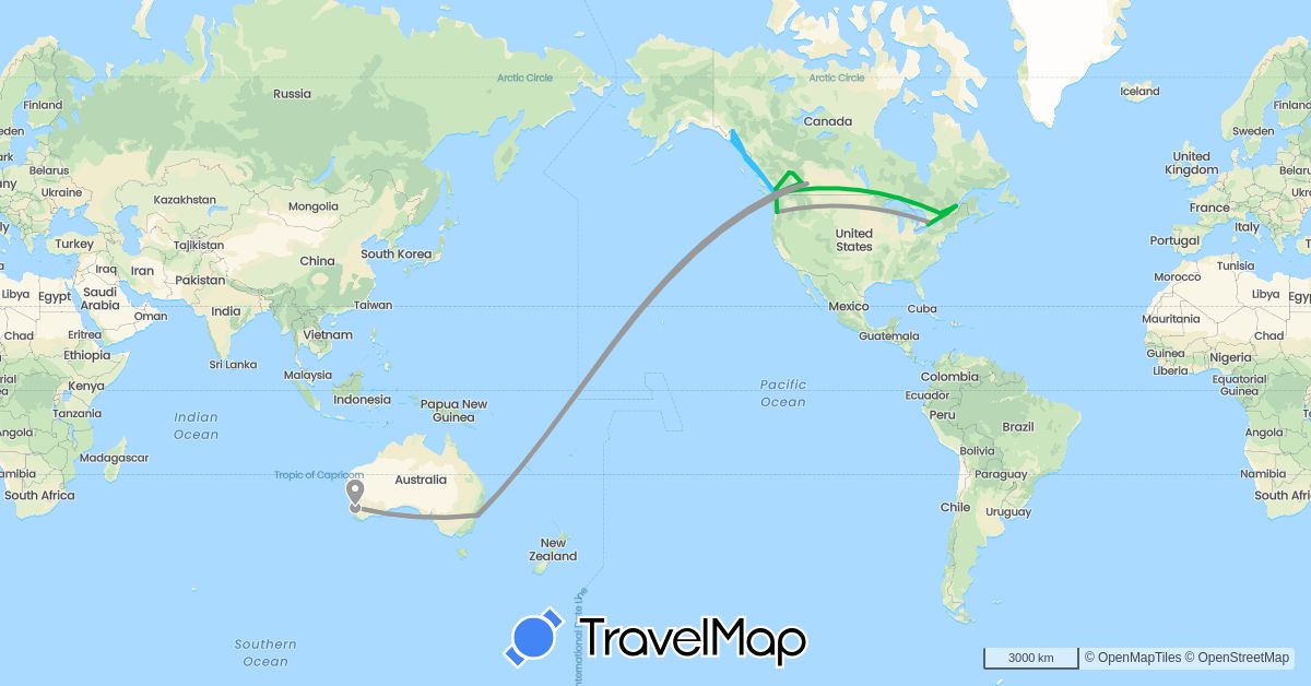TravelMap itinerary: driving, bus, plane, boat in Australia, Canada, United States (North America, Oceania)